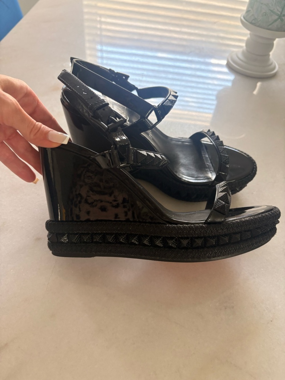 Christian Louboutin Black Studded Wedge Sandals - Picture 8 of 8